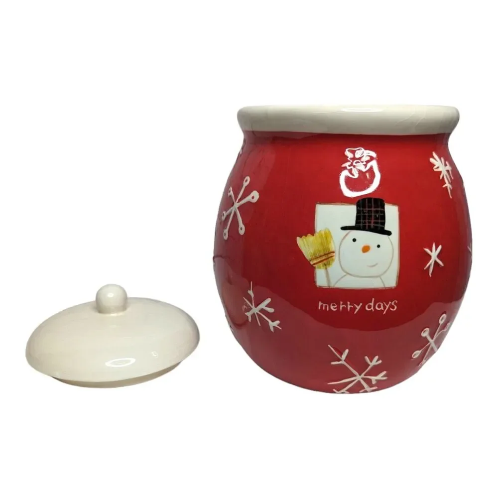 Hallmark Cookie Jar Canister‎ Merry Days Snowman Snowflakes Red White Holiday